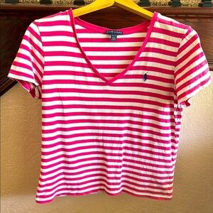 Ralph Lauren Pink and White Striped Casual Preppy Fitted Short Sleeve T-Shirt XL